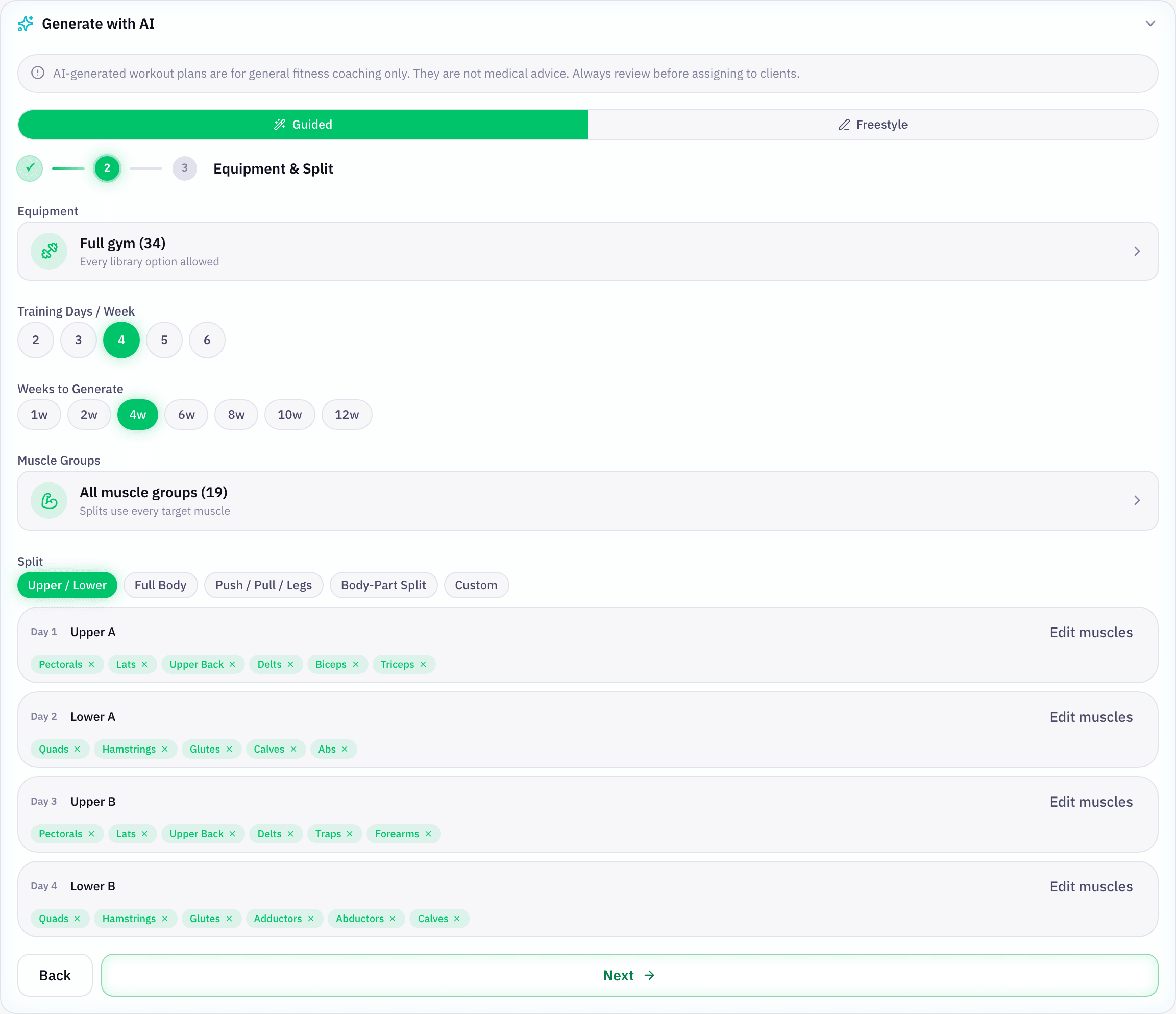 The guided AI workout generator in FitTrainr: equipment, training days, muscle groups, and an Upper/Lower split