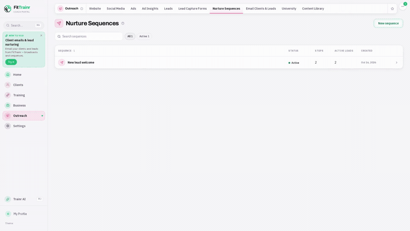 A coach adding an email to a nurture sequence in FitTrainr and typing @ to insert the lead's first name and the business name as fields