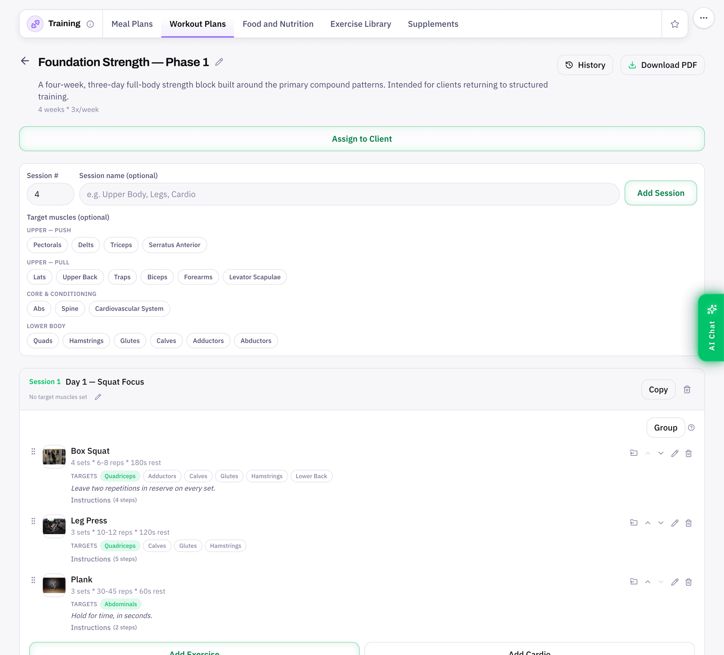A FitTrainr training program in the session builder with target muscles and exercise rows of sets, reps, rest, and demos